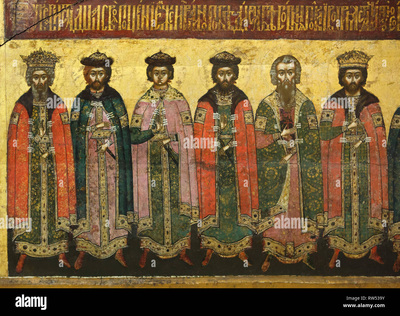 Saint Vladimir the Great, Saints Boris and Gleb, Saint Michael of Chernigov and his boyar Fedor (Saint Theodore) and Saint George of Vladimir (from left to right) depicted in the detail of the Russian icon of the Yaroslavl icon painting school dated from the 1640s from the Dormition Cathedral in Yaroslavl, now on display in the Yaroslavl Museum Preserve in Yaroslavl, Russia. Stock Photo
