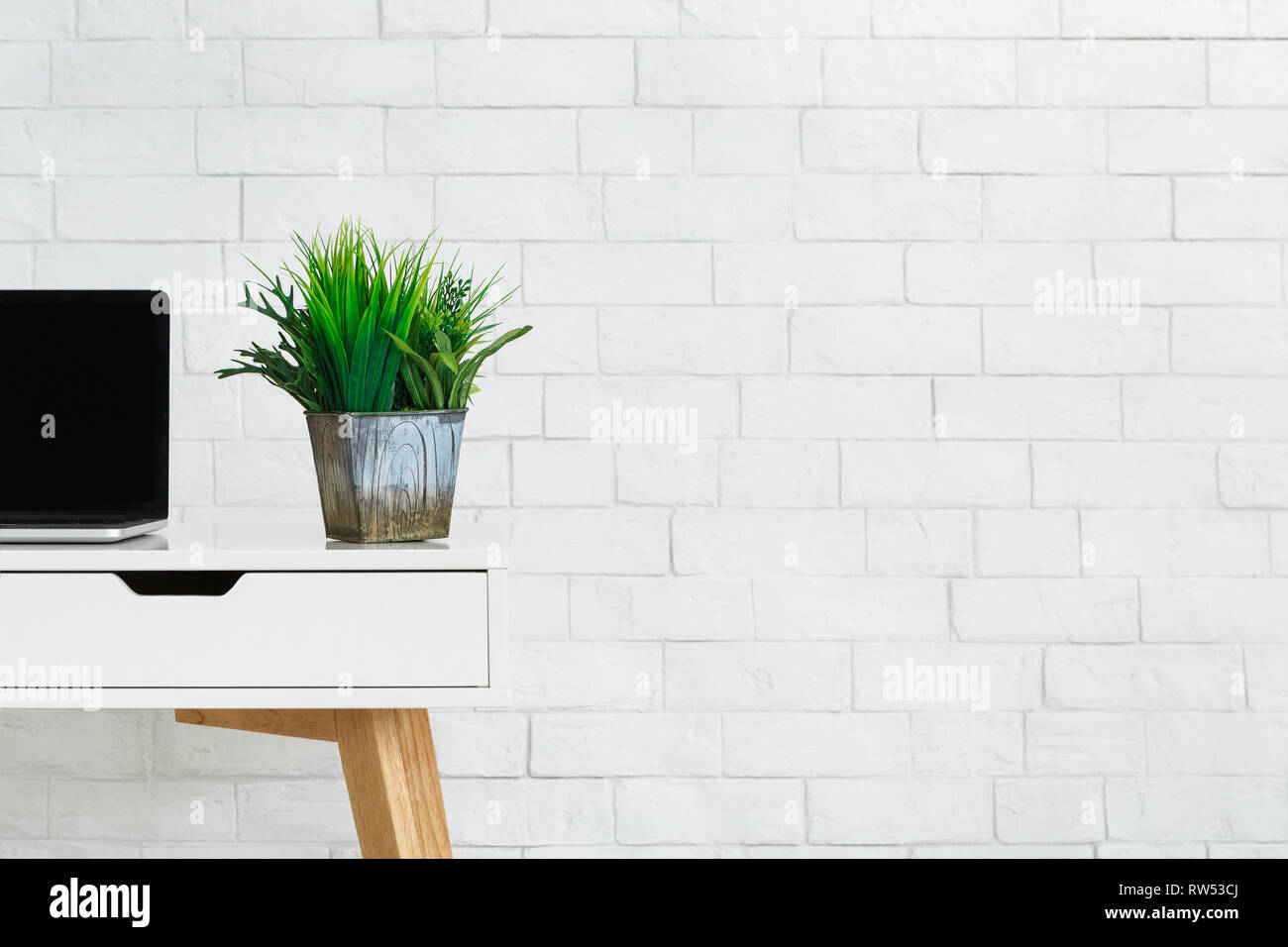 Laptop and pot with plants on desk, copy space Stock Photo