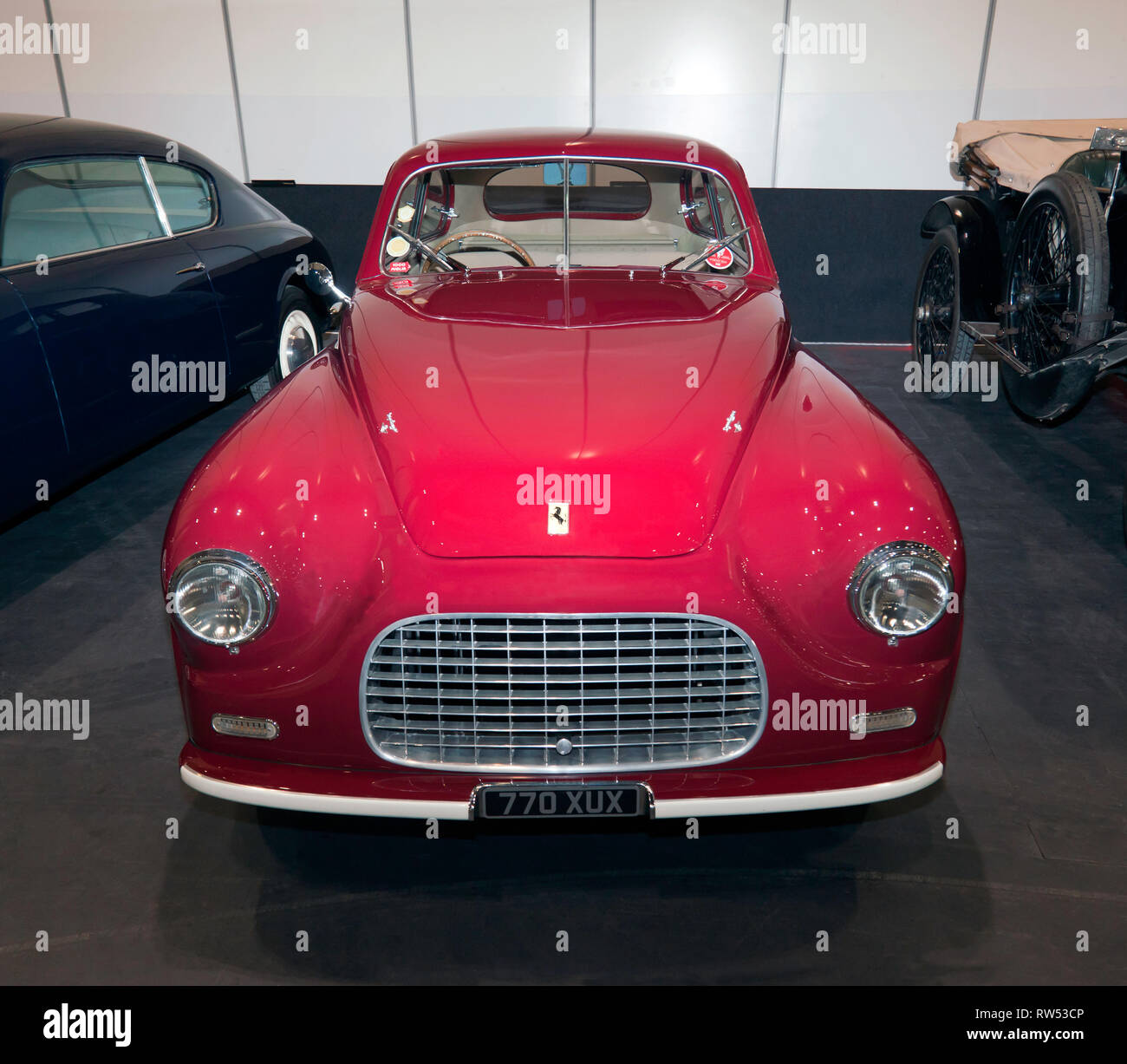 Front-View of a 1949, Ferrari 166 Inter Superleggera Coupe by Touring, on display at the 2019 London Classic Car Show Stock Photo