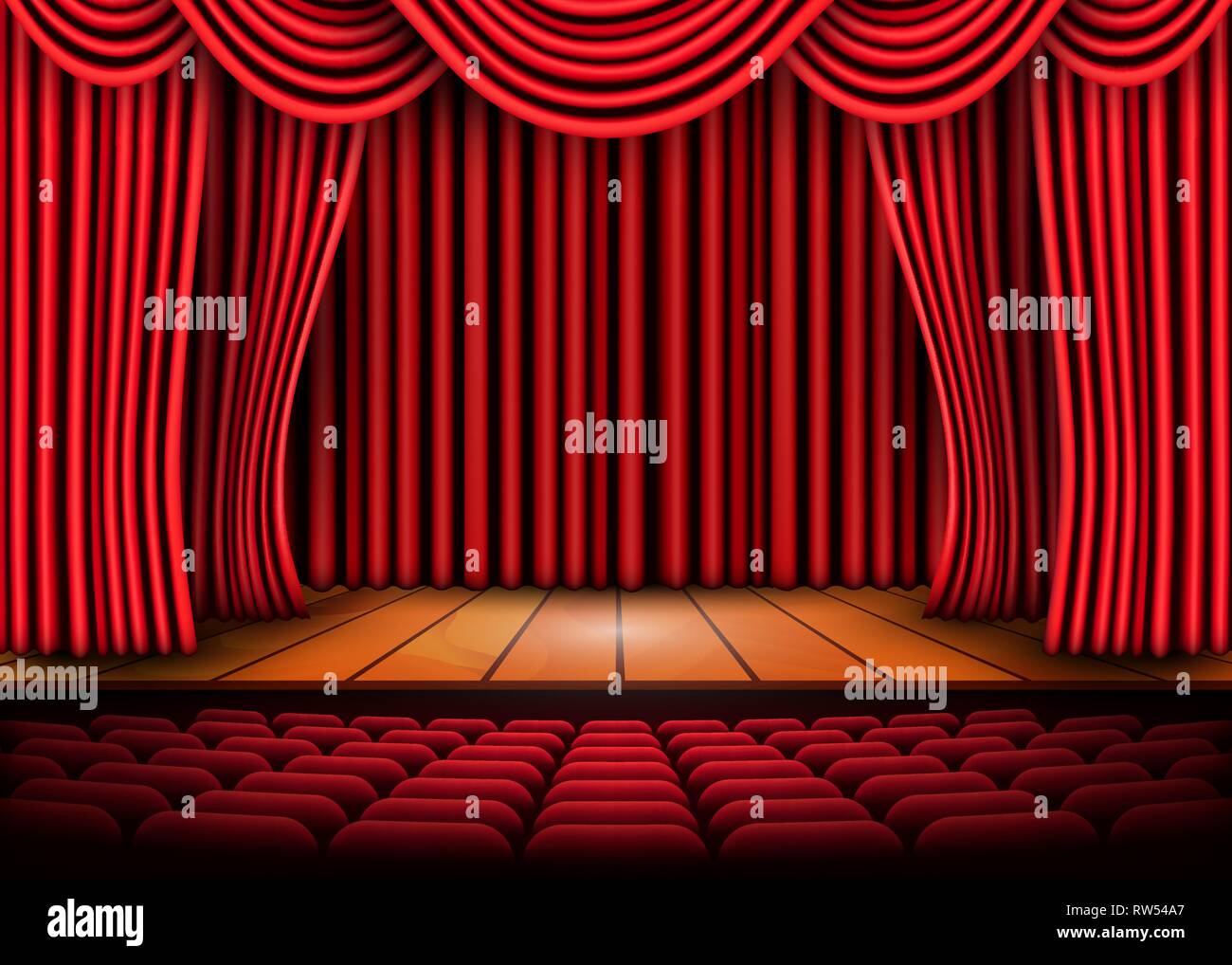 Theatrical scene with red curtains and wooden floor. Stock vector ...