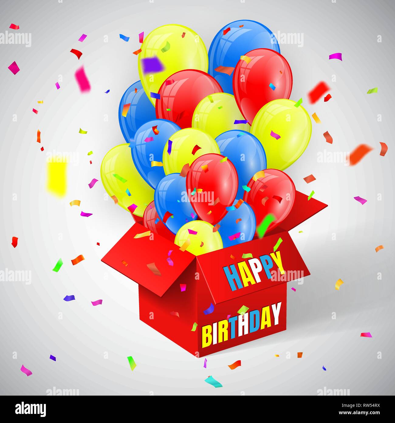 Happy Birthday Poster with confetti and Balloons Bunch flying from open ...