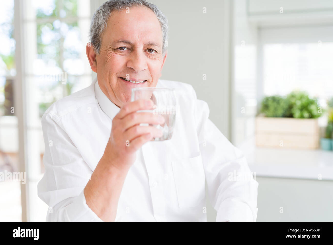 Handsome senior man holding a fresh glass of water and smiling Stock ...