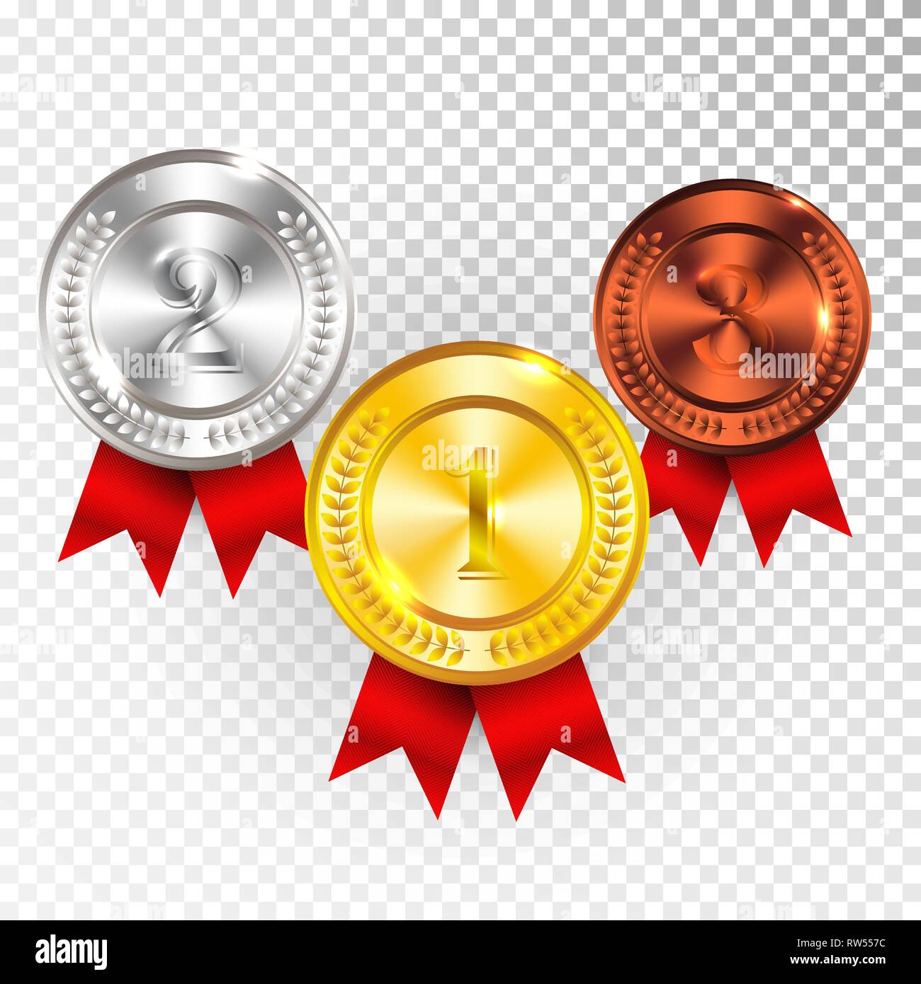 Champion Gold, Silver and Bronze Medal with Red Ribbon Icon Sign First,  Second and Third Place Collection Set Isolated on Transparent Background.  Vect Stock Vector Image & Art - Alamy