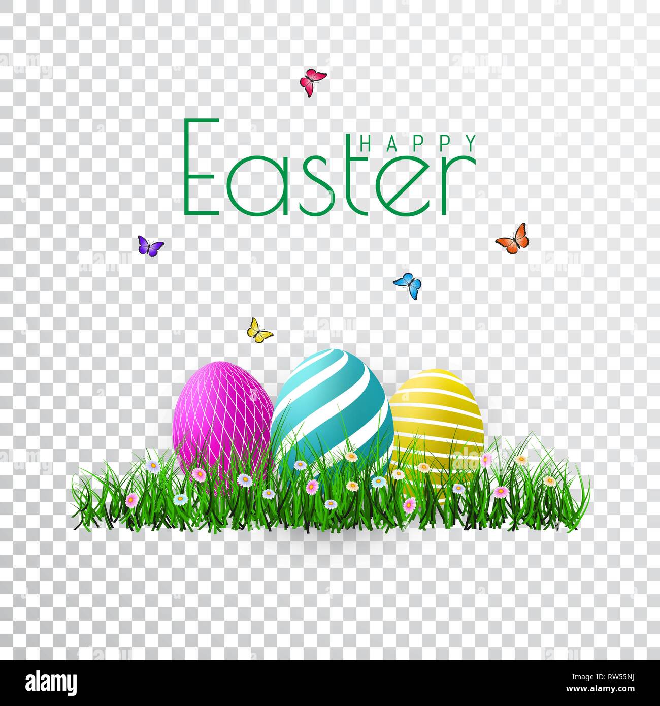 Vector Easter eggs with grass, butterfly and flowers isolated on a ...
