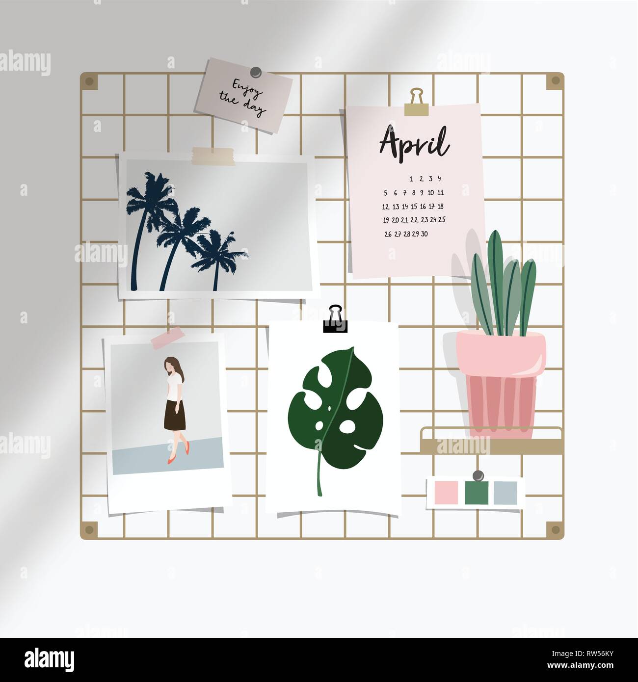 Download Iron Mesh Mood Board Mockup Illustration Artistic Workspace Still Life With Various Taped Pictures Paper Cards Calendar And Succulent Plant In Pot Stock Vector Image Art Alamy