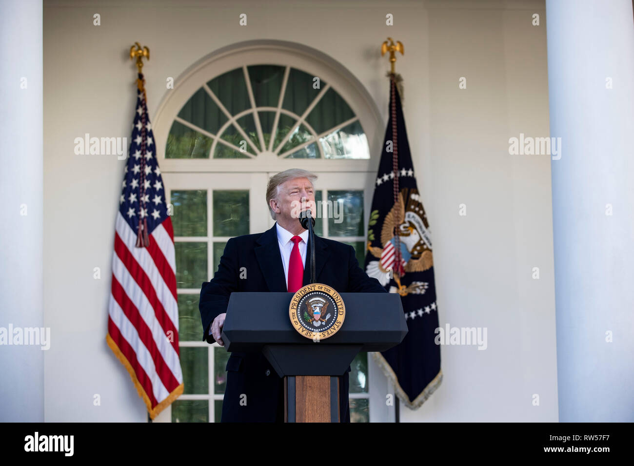 US President Donald Trump speaks about the government shutdown on January 25, 2019, from the Rose Garden of the White House in Washington, DC. Stock Photo