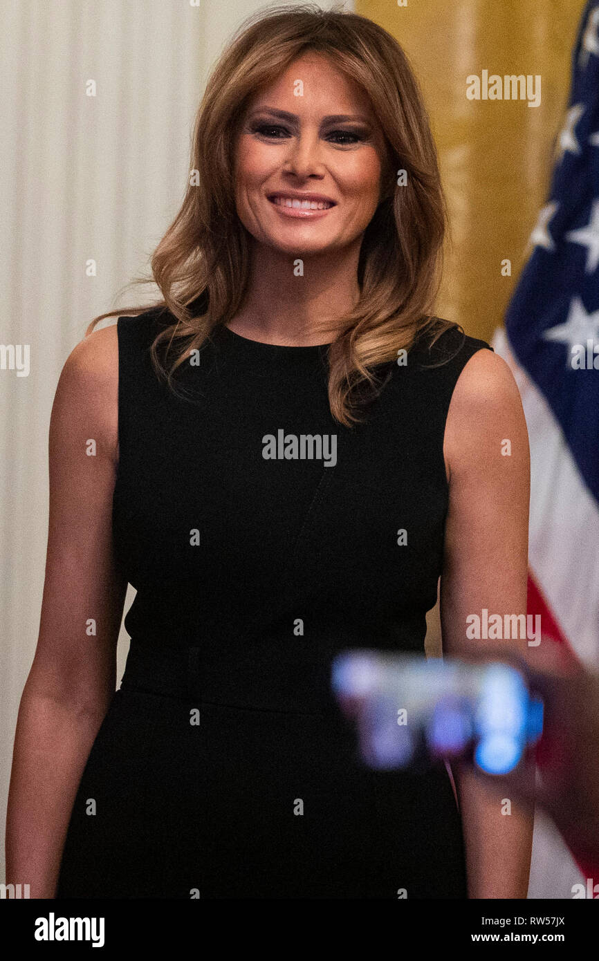 First Lady Melania Trump arrives at a National African American History Month reception in Washington, D.C., U.S., on Thursday, Feb. 21, 2019. Stock Photo