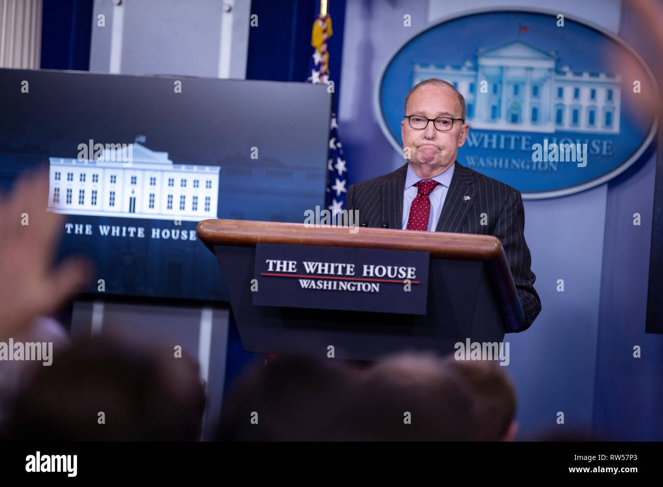 Director of the United States National Economic Council Larry Kudlow takes questions from reporters at the White House in Washington, DC on January 28, 2019. The White House has announced new economic sanctions against Venezuela Stock Photo
