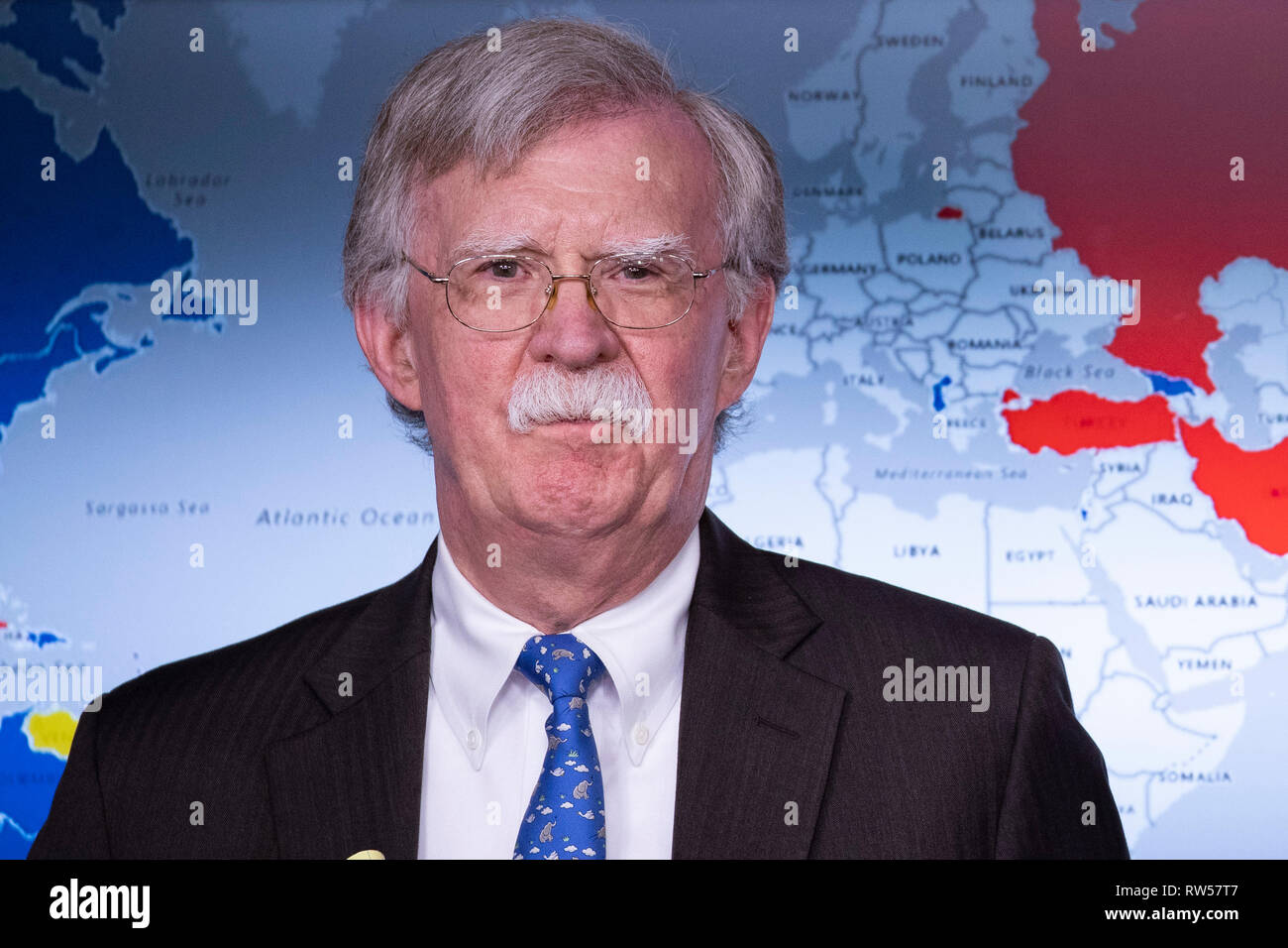 National Security Advisor John Bolton takes questions from reporters at the White House in Washington, DC on January 28, 2019. The White House has announced new economic sanctions against Venezuela. Stock Photo