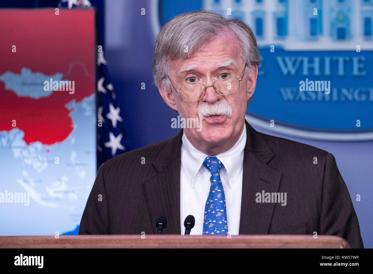 National Security Advisor John Bolton takes questions from reporters at the White House in Washington, DC on January 28, 2019. The White House has announced new economic sanctions against Venezuela. Stock Photo