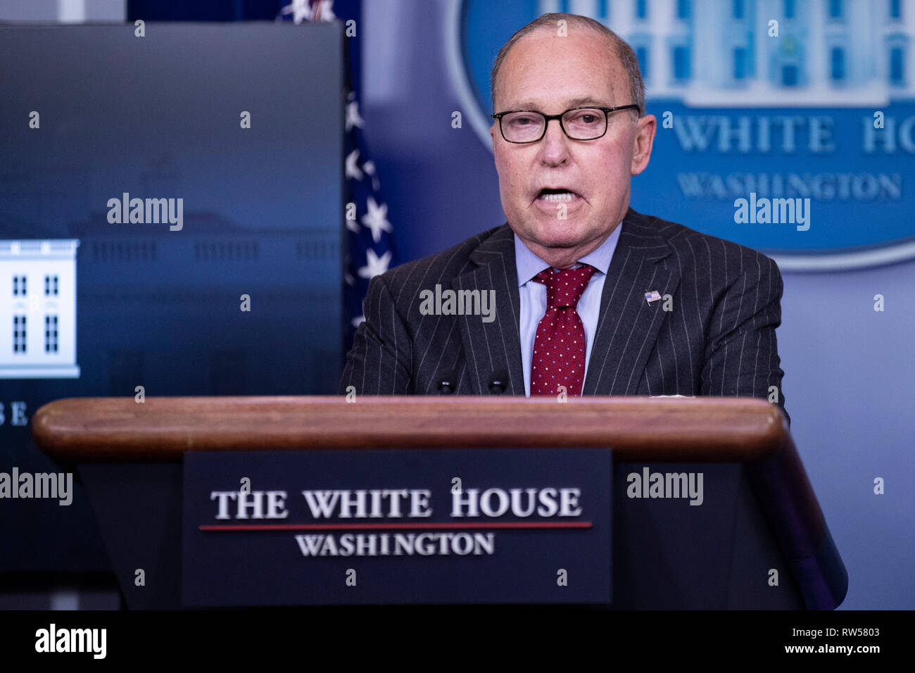 Director of the United States National Economic Council Larry Kudlow takes questions from reporters at the White House in Washington, DC on January 28, 2019. The White House has announced new economic sanctions against Venezuela Stock Photo