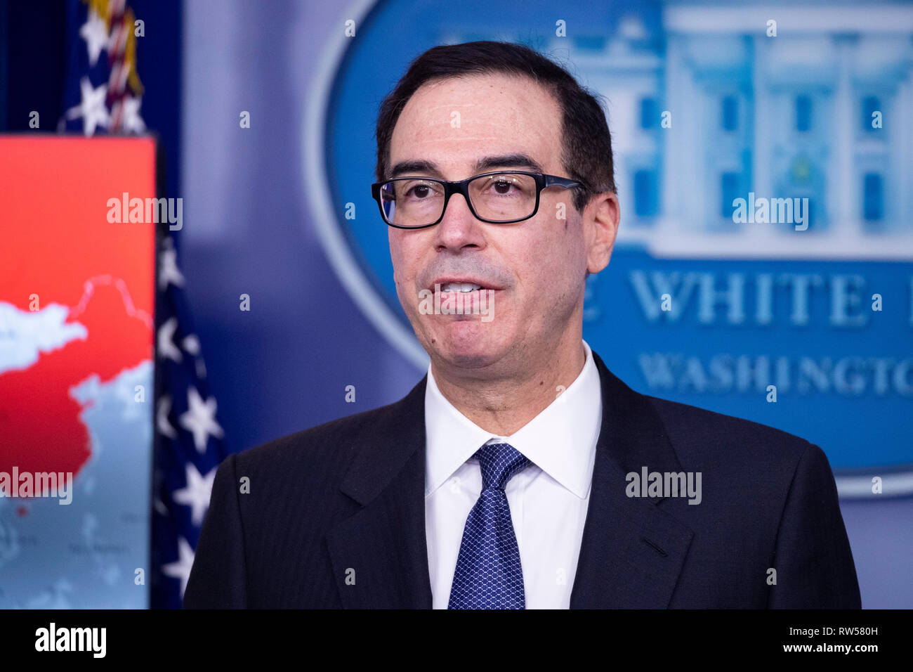 Treasury Secretary Steven Mnuchin takes questions from reporters at the White House in Washington, DC on January 28, 2019. The White House has announced new economic sanctions against Venezuela. Stock Photo