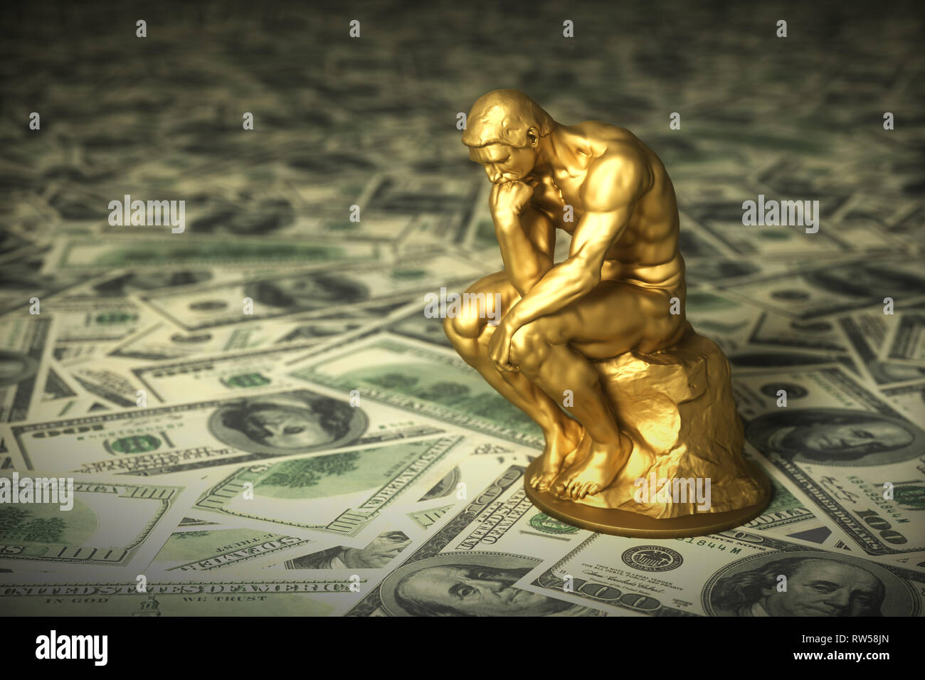 Gold Sculpture Thinker Over Green American Dollars. 3D Illustration. Stock Photo