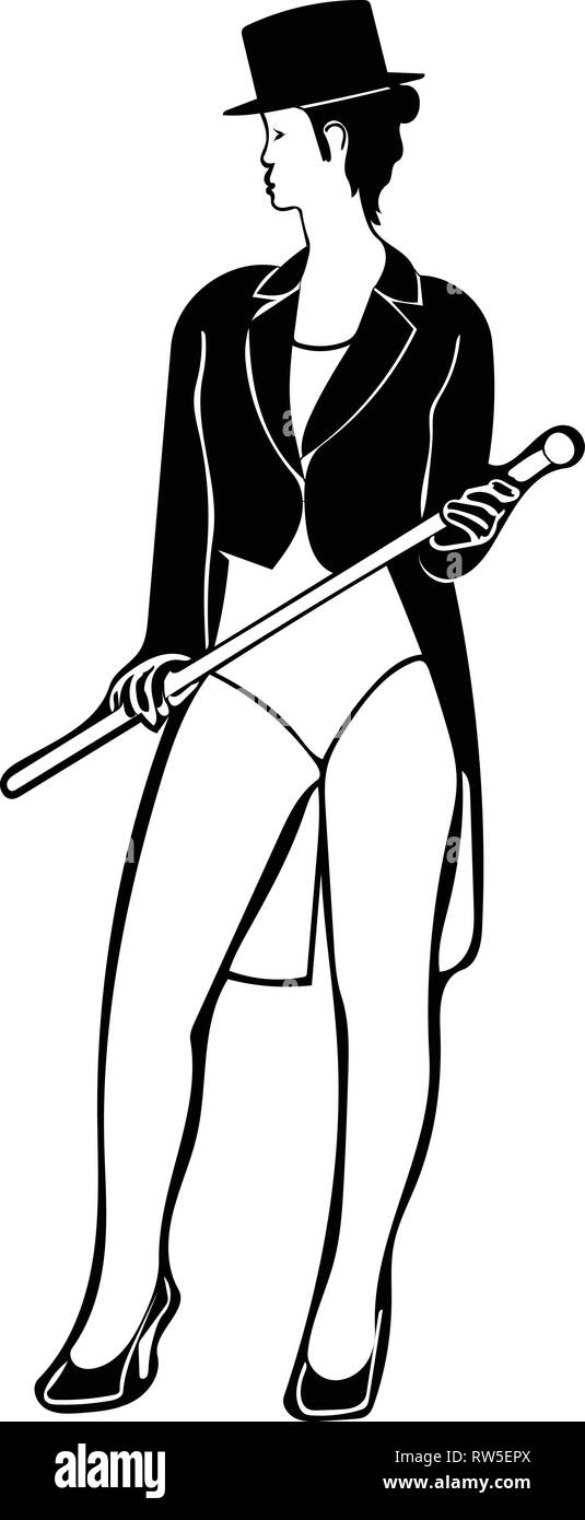 Black & white vector graphic of caucasian female circus ringmaster front-on and Standing, wearing black tail coat, tophat, white leotard, holding a ca Stock Vector