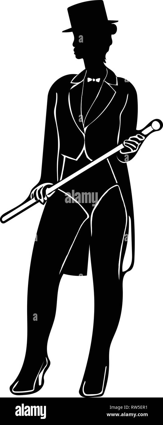 Silhouette vector graphic of female circus ringmaster front-on and Standing, wearing black tail coat, tophat, leotard, holding a cane in high heels. Stock Vector