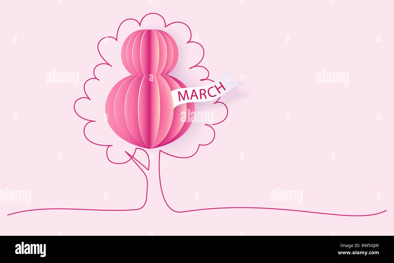 Happy 8 March womens day card. Air balloon shaped as big eight with hand drawn tree. Vector paper desing illustration. Continuous one line style. Stock Vector