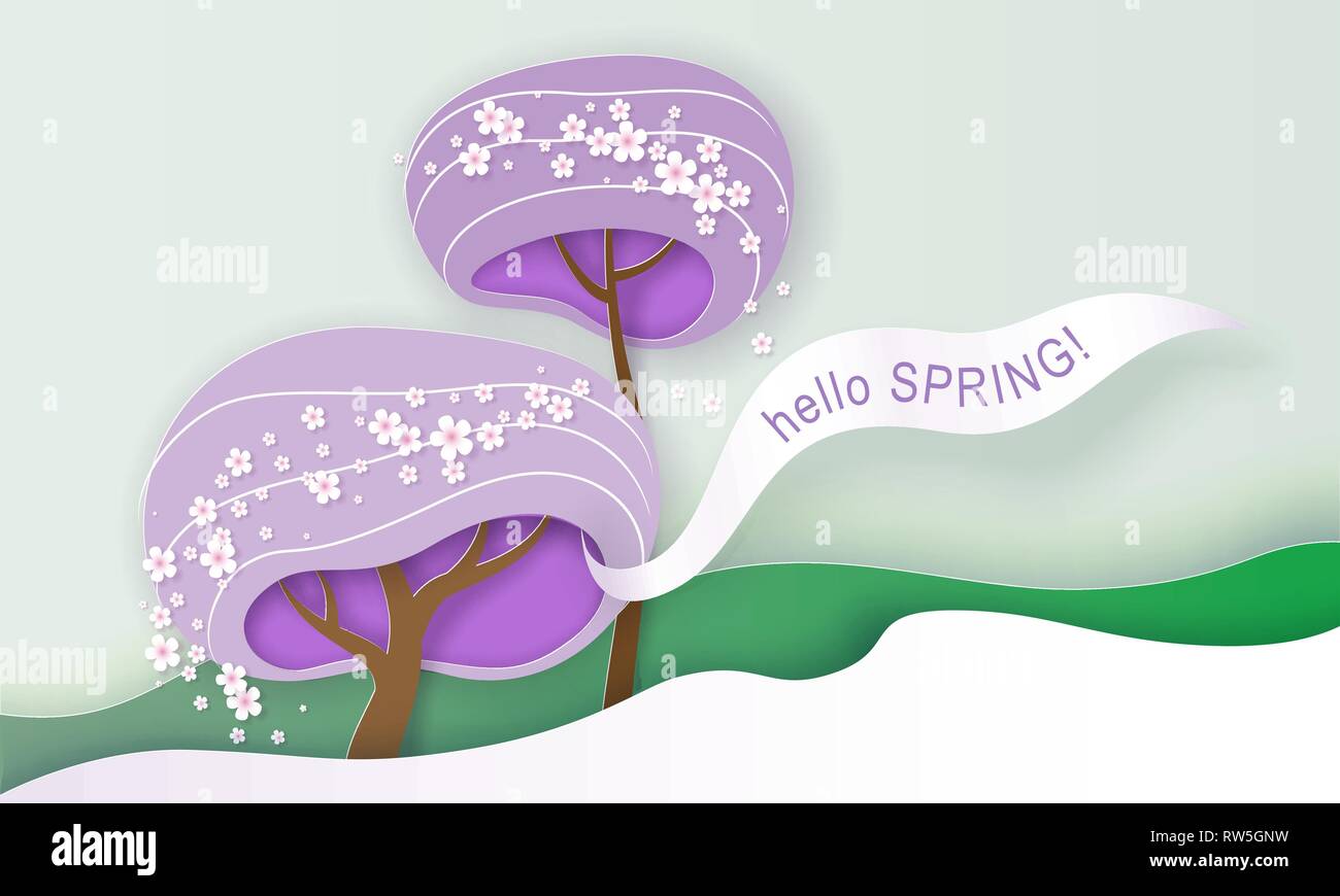 Hello spring card. Stylized trees with flowers on wave background. Vector paper design illustration Stock Vector