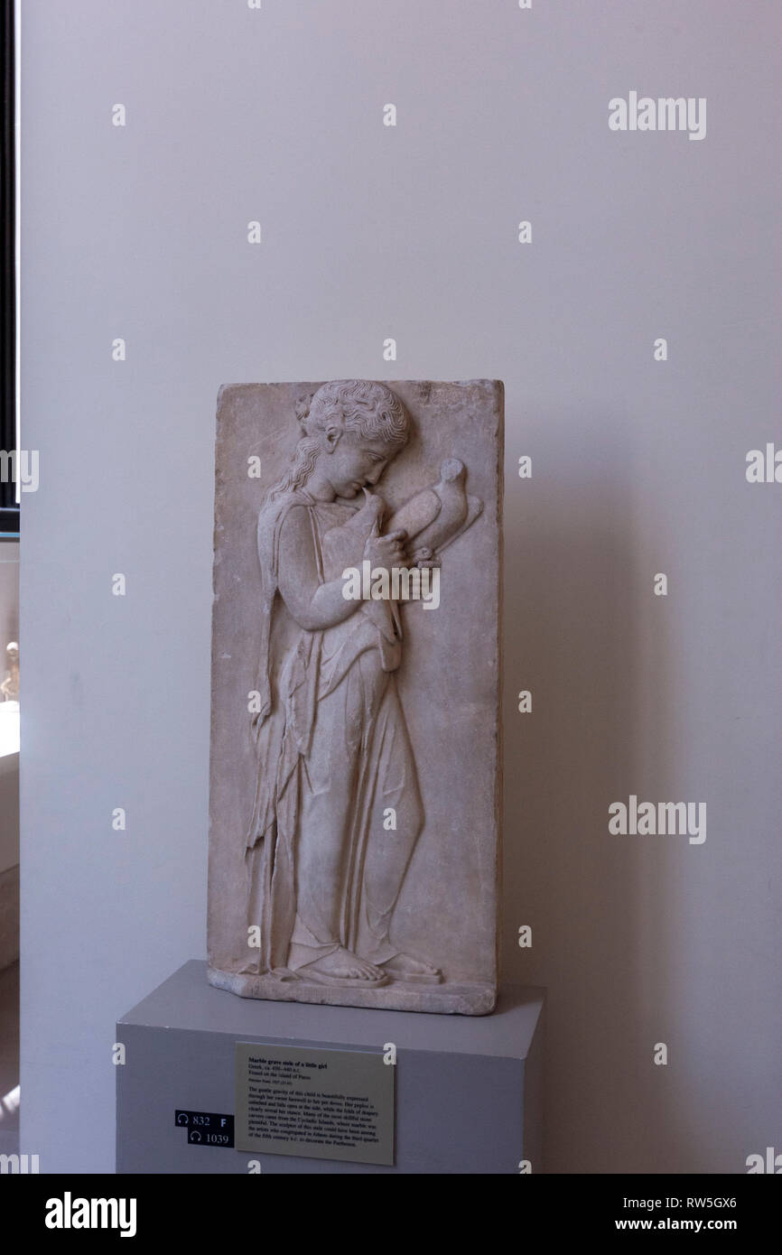 Greek marble grave stele of a little girl, The Metropolitan Museum of Art, Manhattan, New York USA Stock Photo