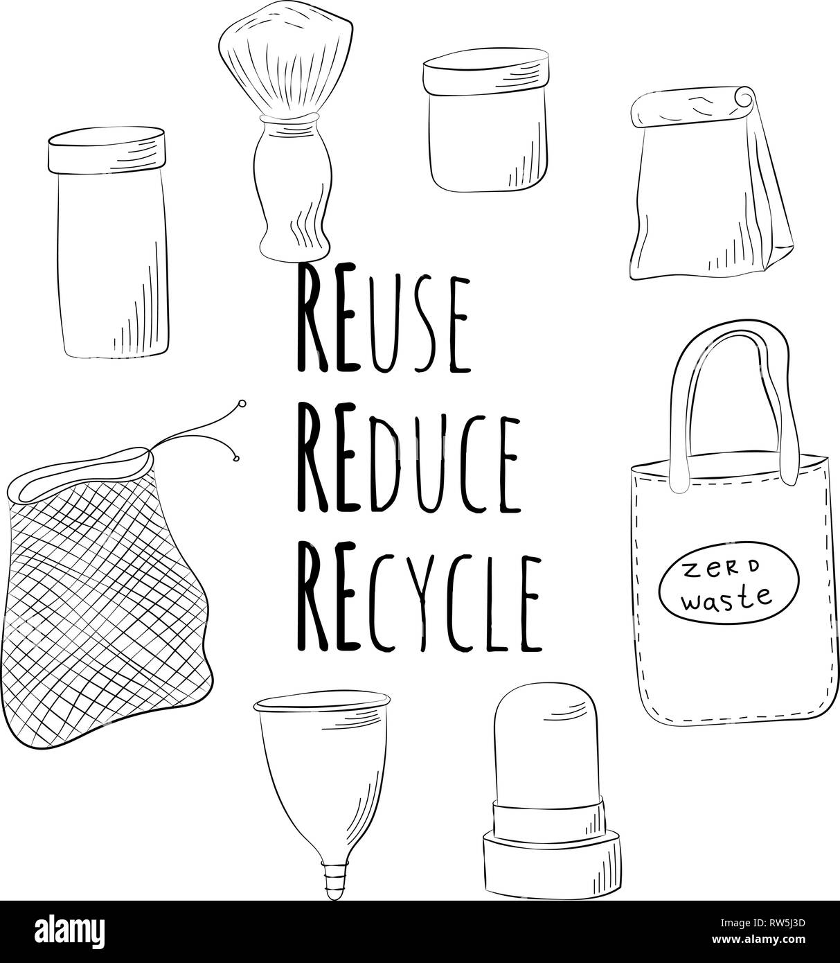 Zero Waste Concept Hand drawn elements of zero waste life Zero waste concept card. Good for