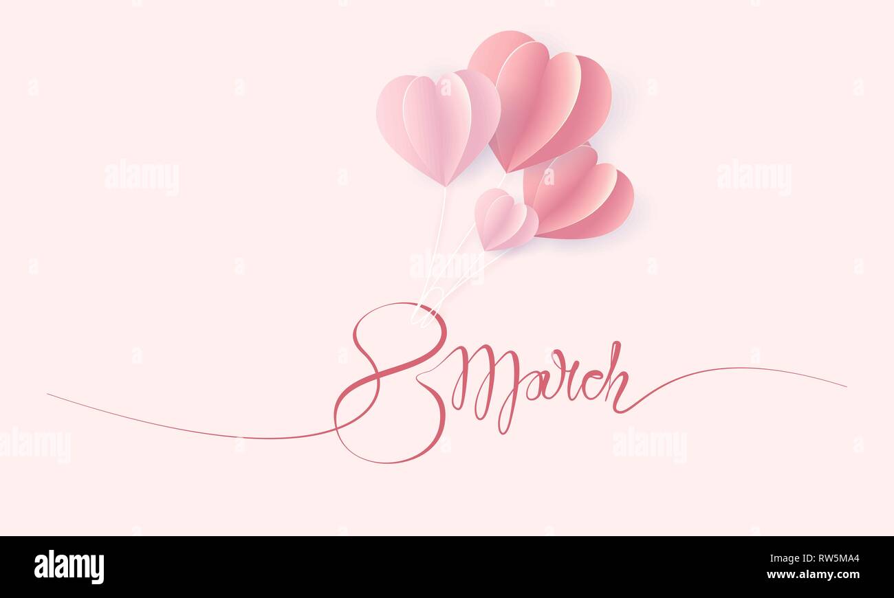 Happy 8 March women's day card. Continuous one line drawing. Lettering with ait balloons shaped as heart. Vector illustration Stock Vector