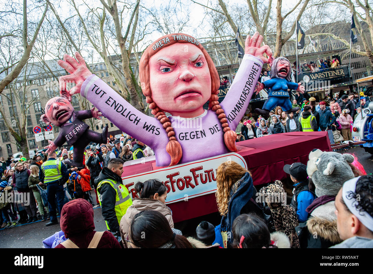Figure of activist Greta Thunberg is seen in one of the the politically  themed floats of satirist Jacques Tilly during the carnival. In Düsseldorf,  the calendar of Carnival events features no fewer