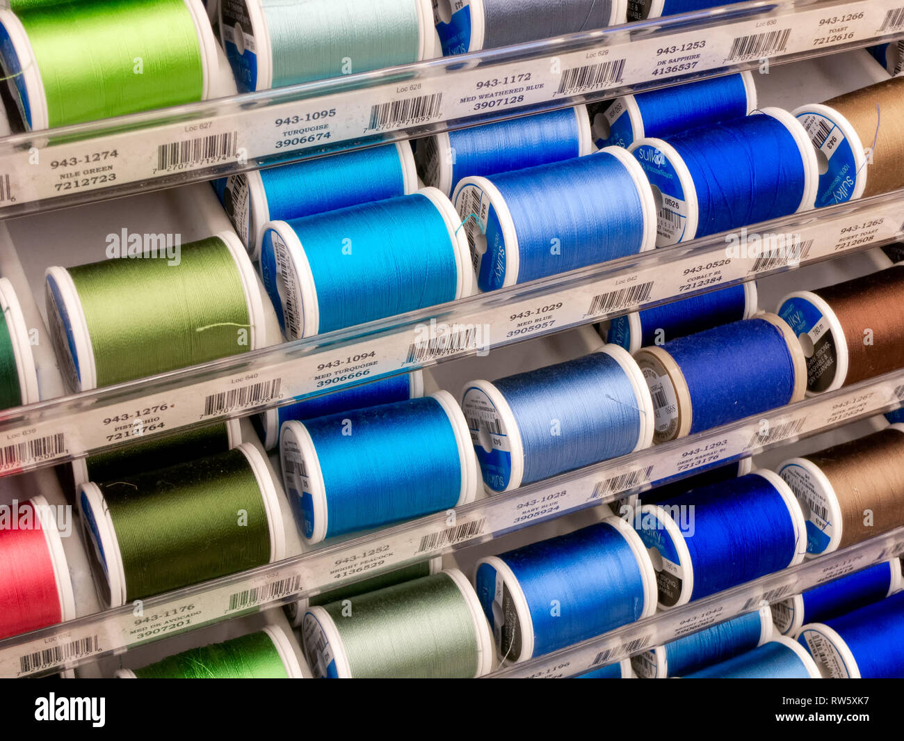 ST. PAUL, MN/USA - MARCH 3, 2019: Sulky of America spools of thread and trademark logo. Sulky is a manufacter of thread and craft supplies. Stock Photo