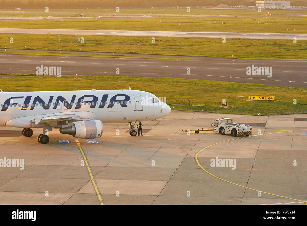 DUSSELDORF, GERMANY - CIRCA OCTOBER, 2018: Finnair airplane at Dusseldorf Airport. Stock Photo