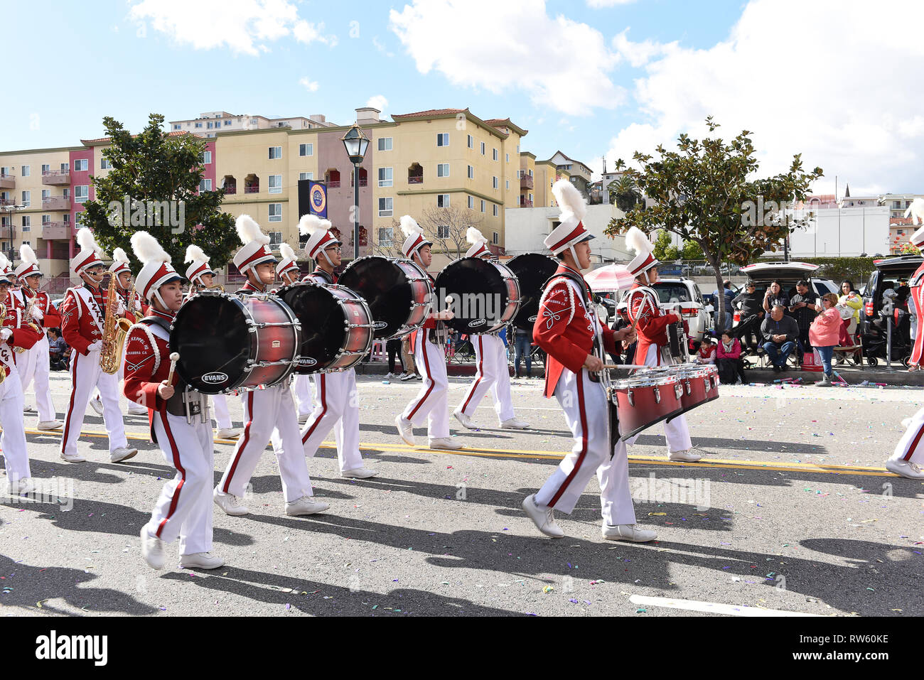 LOS ANGELES - FEBRUARY 9, 2019: Mark Keppel High School Marching Band at the Los Angeles Chinese New Year Parade. Stock Photo