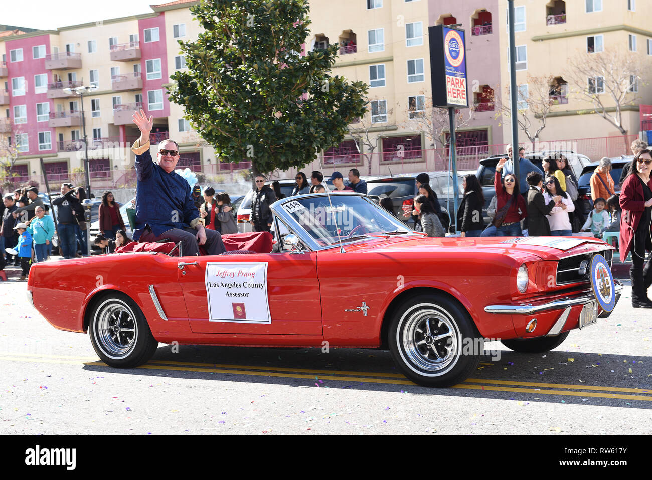 LOS ANGELES - FEBRUARY 9, 2019: Los Angeles County Assessor Jeffrey Prang rides in the Chinese New Year Parade. Stock Photo
