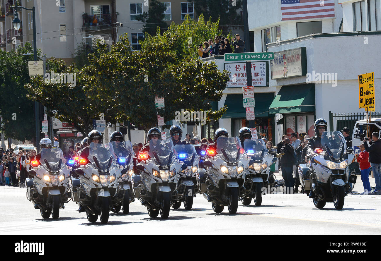 LOS ANGELES - FEBRUARY 9, 2019: LAPD Motorcycle Officers kick off the Golden Dragon Parade, celebrating the Chinese New Year. Stock Photo