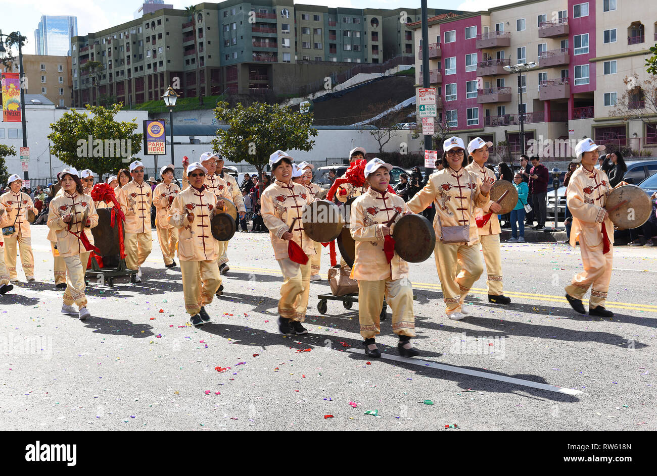 LOS ANGELES - FEBRUARY 9, 2019: Marchers playing Chinese instruments at the Los Angeles Chinese New Year Parade. Stock Photo