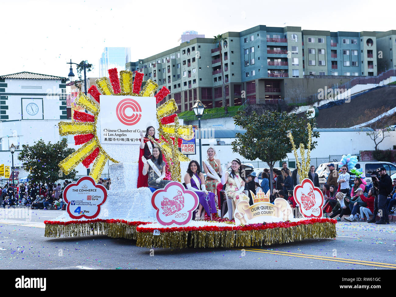 LOS ANGELES - FEBRUARY 9, 2019: Float carrying the Quuen and Her Court at the Los Angelse Chinese New Year Parade. Stock Photo