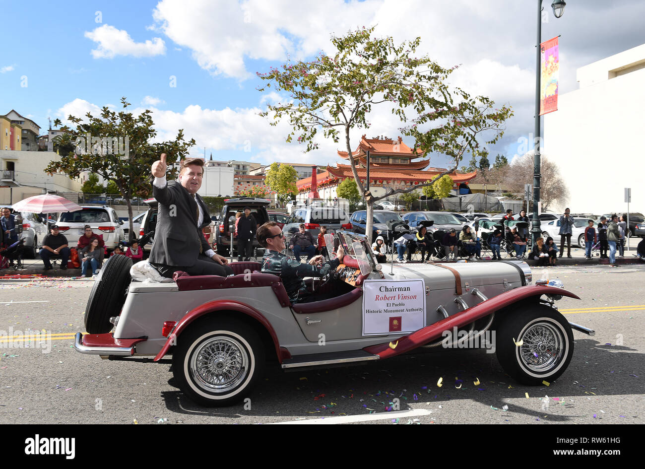 LOS ANGELES - FEBRUARY 9, 2019: Robert Vinson Chairman of the El Pueblo Historic Monument Authority rides in the Los Angeles Chinese New Year Parade. Stock Photo