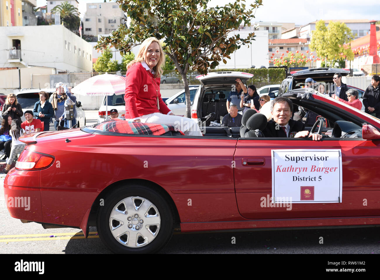 LOS ANGELES - FEBRUARY 9, 2019: Supervisor Kathryn Barger rides in the Los Angeles Chinese New Year Parade. Stock Photo