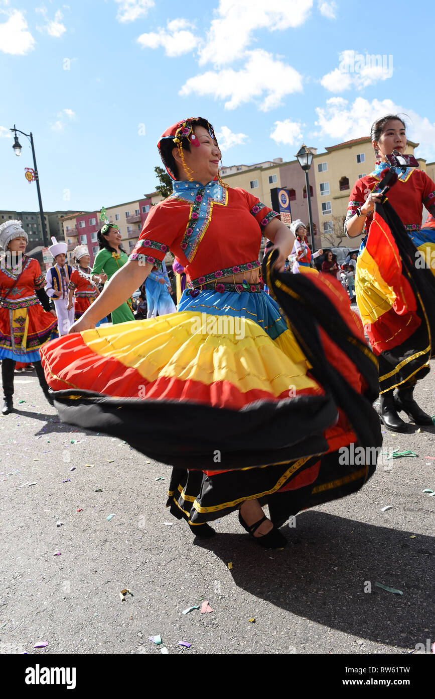 LOS ANGELES - FEBRUARY 9, 2019: Thai Community Dancers in Colorful Costumes at the Chinese New Year Parade in Los Angeles. Stock Photo