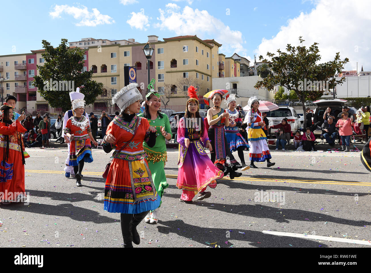 LOS ANGELES - FEBRUARY 9, 2019: Thai Community Dancers in Colorful Costumes at the Chinese New Year Parade in Los Angeles. Stock Photo