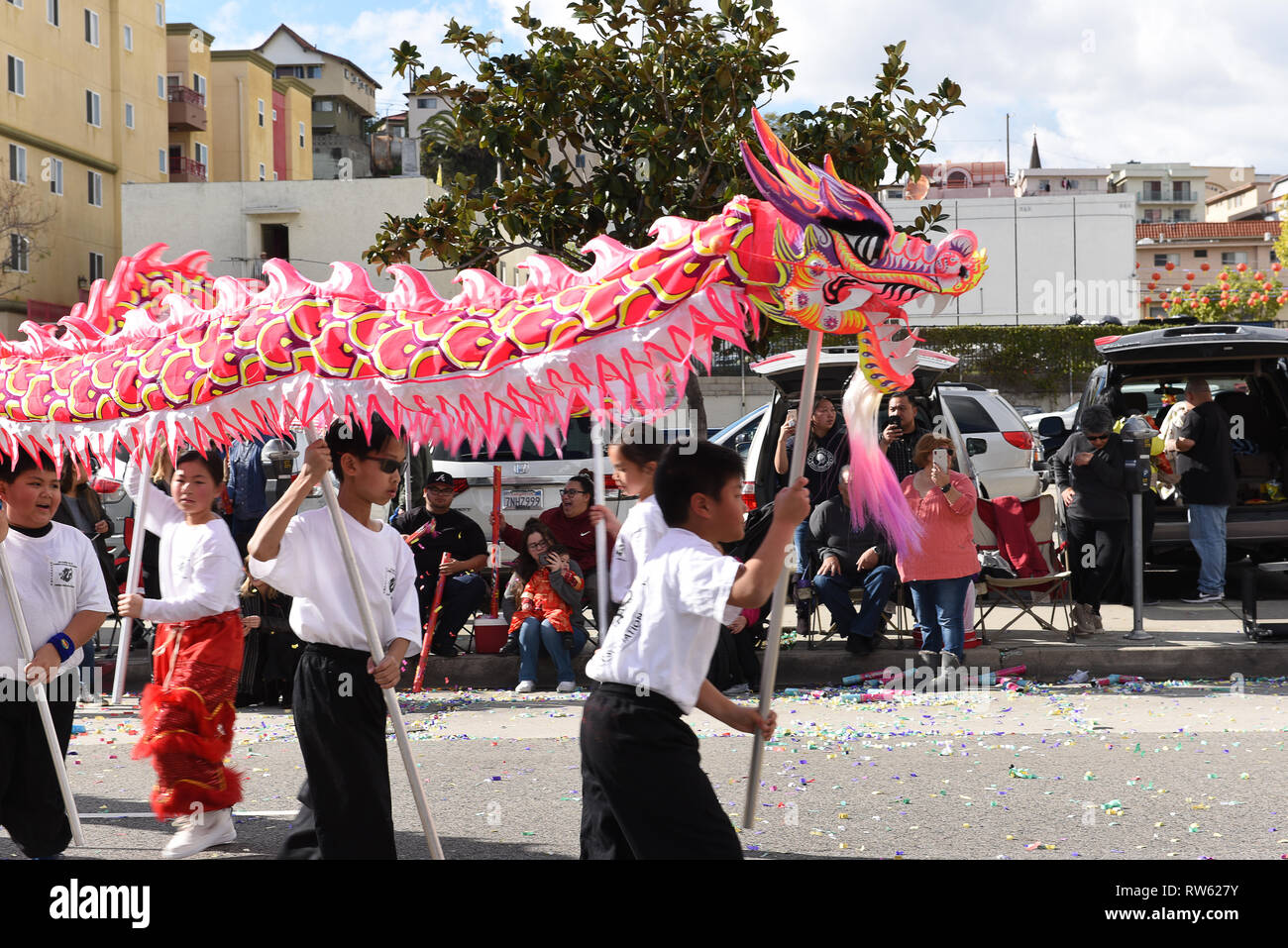 LOS ANGELES - FEBRUARY 9, 2019: Chinese Dragons, the symbol of Chi (energy) and good fortune, at the Golden Dragon Parade, celebrating the Chinese New Stock Photo