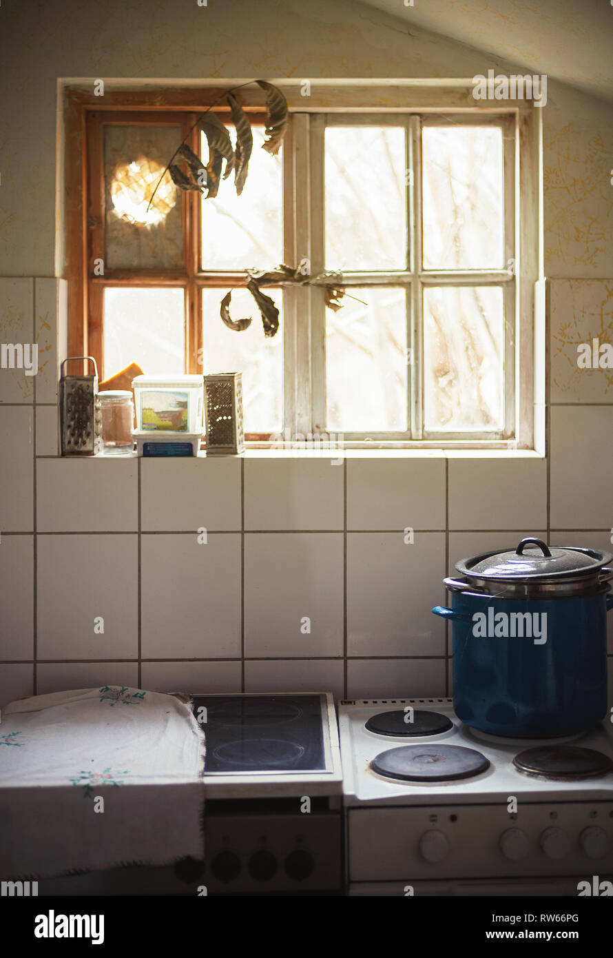 Part of an old fashioned retro kitchen and window. Stock Photo