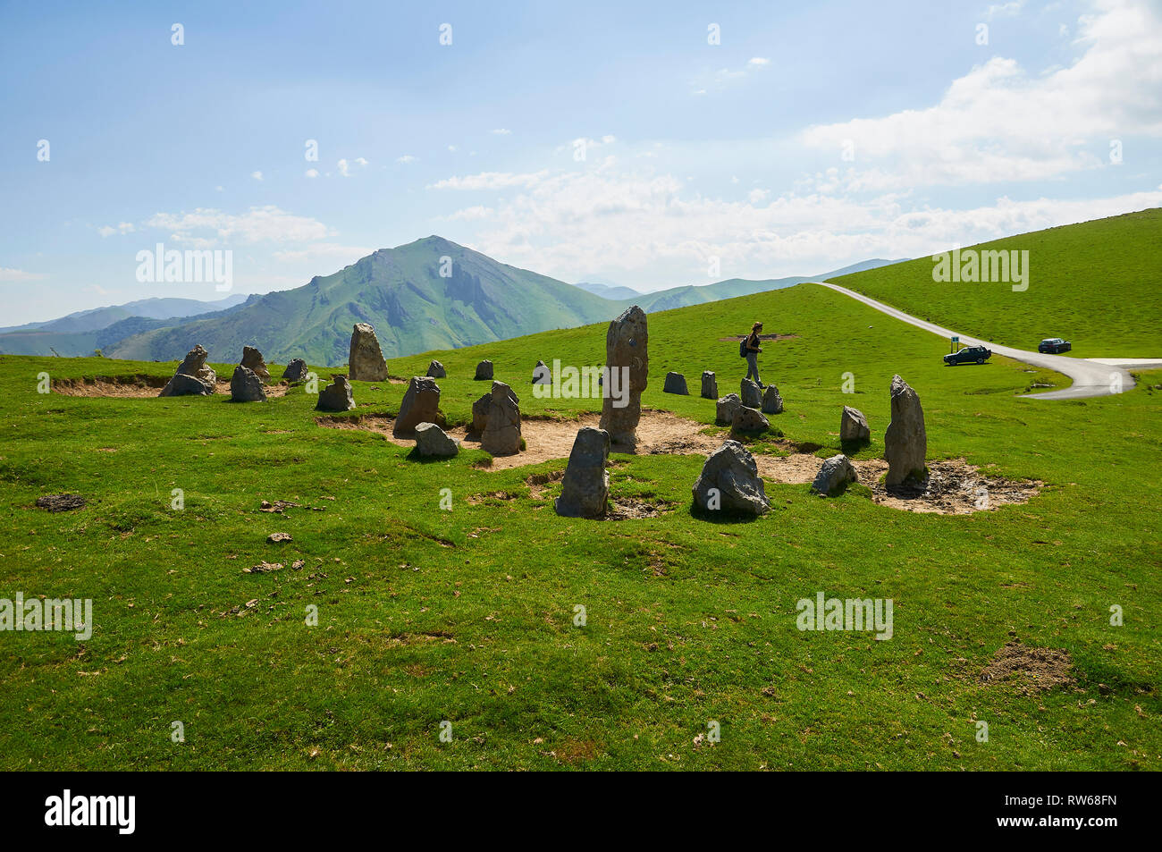 Pastures agreement (faceria) commemoration cromlech of Aezkoa and Garazi valleys with Errozate peak in the far end (Orbaiceta, Aezkoa, Navarre, Spain) Stock Photo