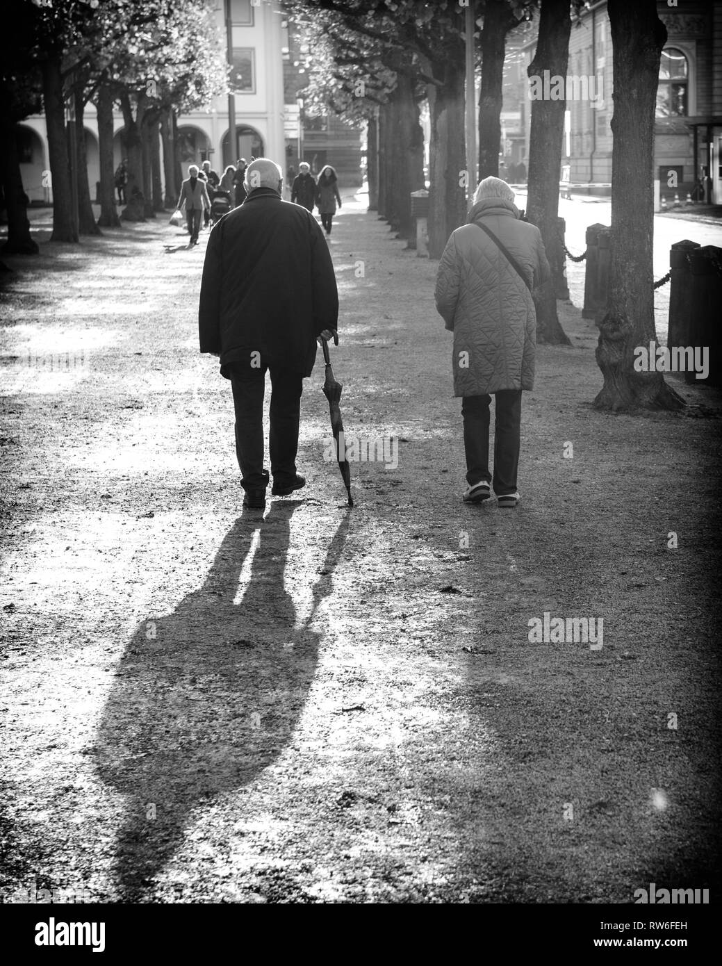 Karlsruhe, Germany - Oct 29 2017: Adults and seniors walking on alley Schloss Bezirk near Federal Constitutional Court building Bundesverfassungsgericht - black and white Stock Photo