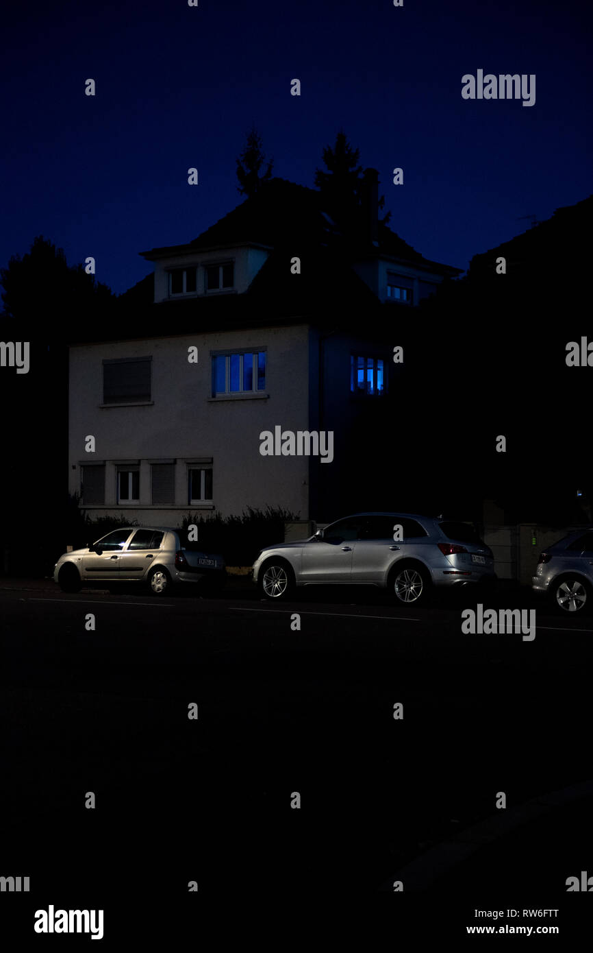 Home Exterior At Night/twilight With Beautiful Green Grass Three-car Garage,  And Driveway Stock Photo, Picture and Royalty Free Image. Image 53600574.