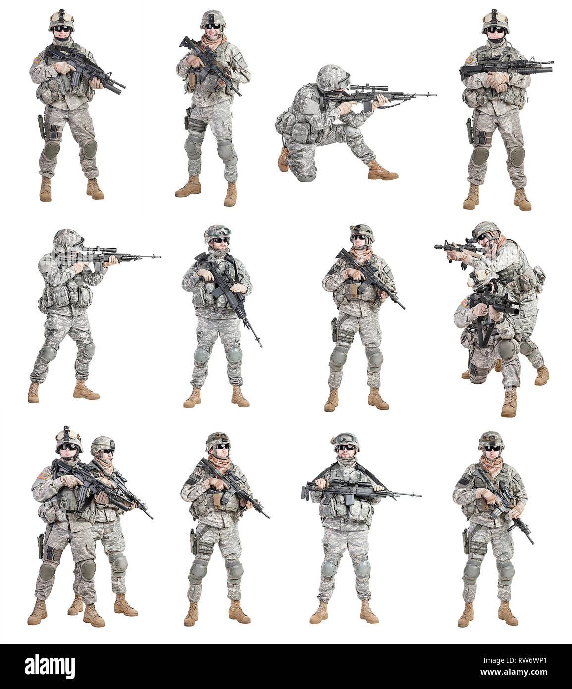 Set of United States paratroopers infantrymen isolated on white background. Stock Photo