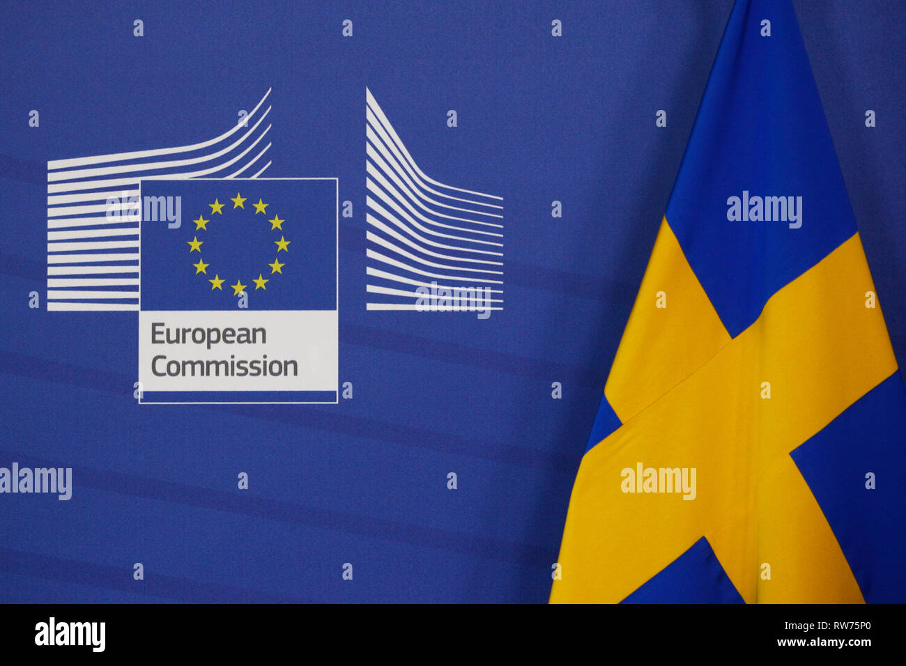 Brussels, Belgium. 5th March 2019. Flag of EU and Sweden stand in European commission offices . Alexandros Michailidis/Alamy Live News Stock Photo