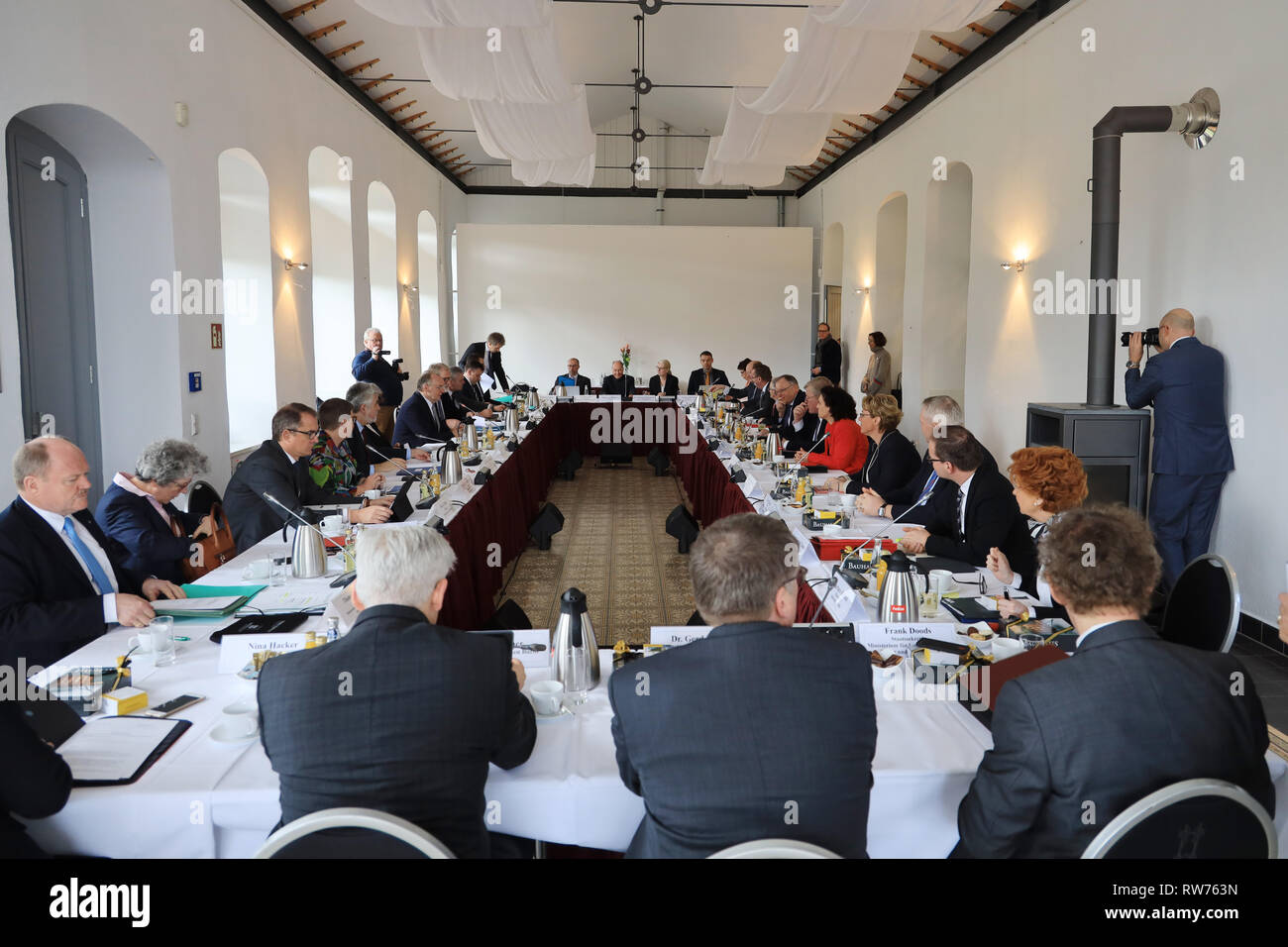 Zichtau Germany 05th Mar 2019 View Into The Conference Room Before The Joint Cabinet Meeting Of The State Governments Of Saxony Anhalt And Lower Saxony At Gut Zichtau In The Altmark The Meeting