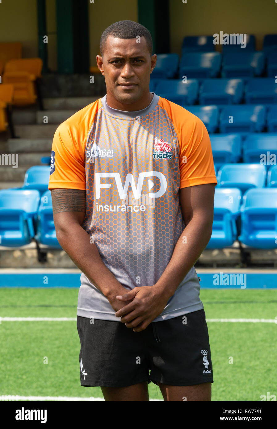 HONG KONG, HONG KONG SAR, CHINA. MARCH 5th 2019. Fiji's Samisoni Viriviri. Launch of the South China Tigers professional rugby team to play in the Global Rapid Rugby tournament. Fiji's Samisoni Viriviri joins the FWD South China Tigers, a new professional team playing in the Global Rapid Rugby. Viriviri, a gold medalist for 7's at the Rio Olympics, has played for French teams Montpelier and Montauban but is most know at Sevens player of the year 2014. Viriviri looks forward to the new professional Rapid Rugby tournament with upcoming Asian and Australian showcase matches. Rapid Rugby was conce Stock Photo