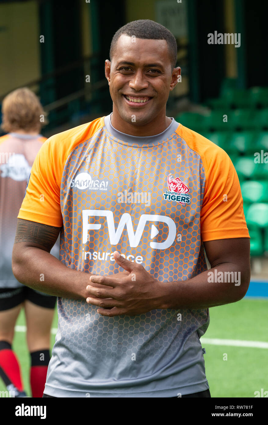 HONG KONG, HONG KONG SAR, CHINA. MARCH 5th 2019. Fiji's Samisoni Viriviri. Launch of the South China Tigers professional rugby team to play in the Global Rapid Rugby tournament. Fiji's Samisoni Viriviri joins the FWD South China Tigers, a new professional team playing in the Global Rapid Rugby. Viriviri, a gold medalist for 7's at the Rio Olympics, has played for French teams Montpelier and Montauban but is most know at Sevens player of the year 2014. Viriviri looks forward to the new professional Rapid Rugby tournament with upcoming Asian and Australian showcase matches. Rapid Rugby was conce Stock Photo