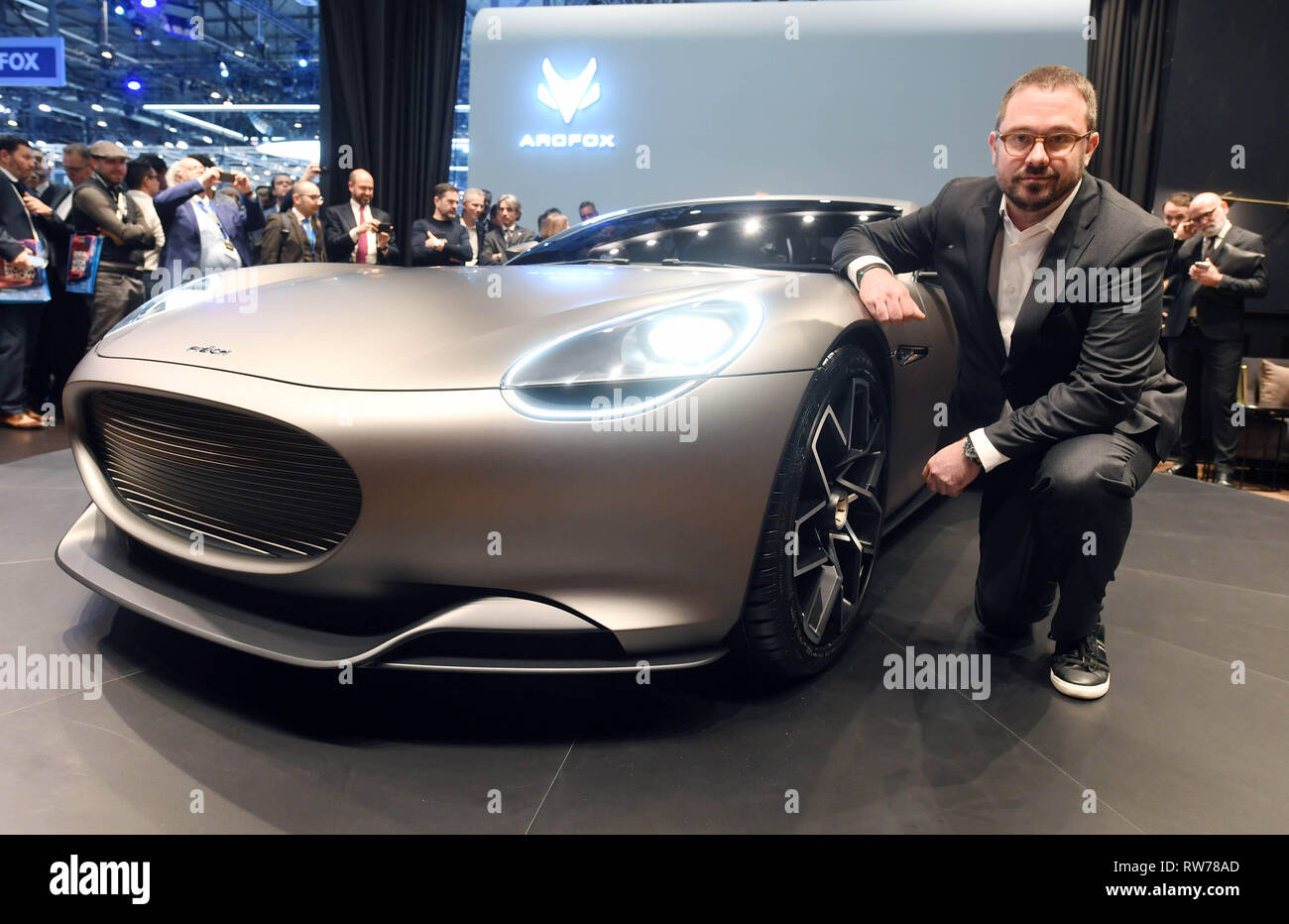 Genf, Switzerland. 05th Mar, 2019. Anton Piech, Managing Director of Piech Automotive and a son of former VW boss Ferdinand Piech, presents the electrically powered Piech Mark Zero sports car at the Geneva Motor Show on the first press day. The 89th Geneva Motor Show starts on 7 March and lasts until 17 March. Credit: Uli Deck/dpa/Alamy Live News Stock Photo