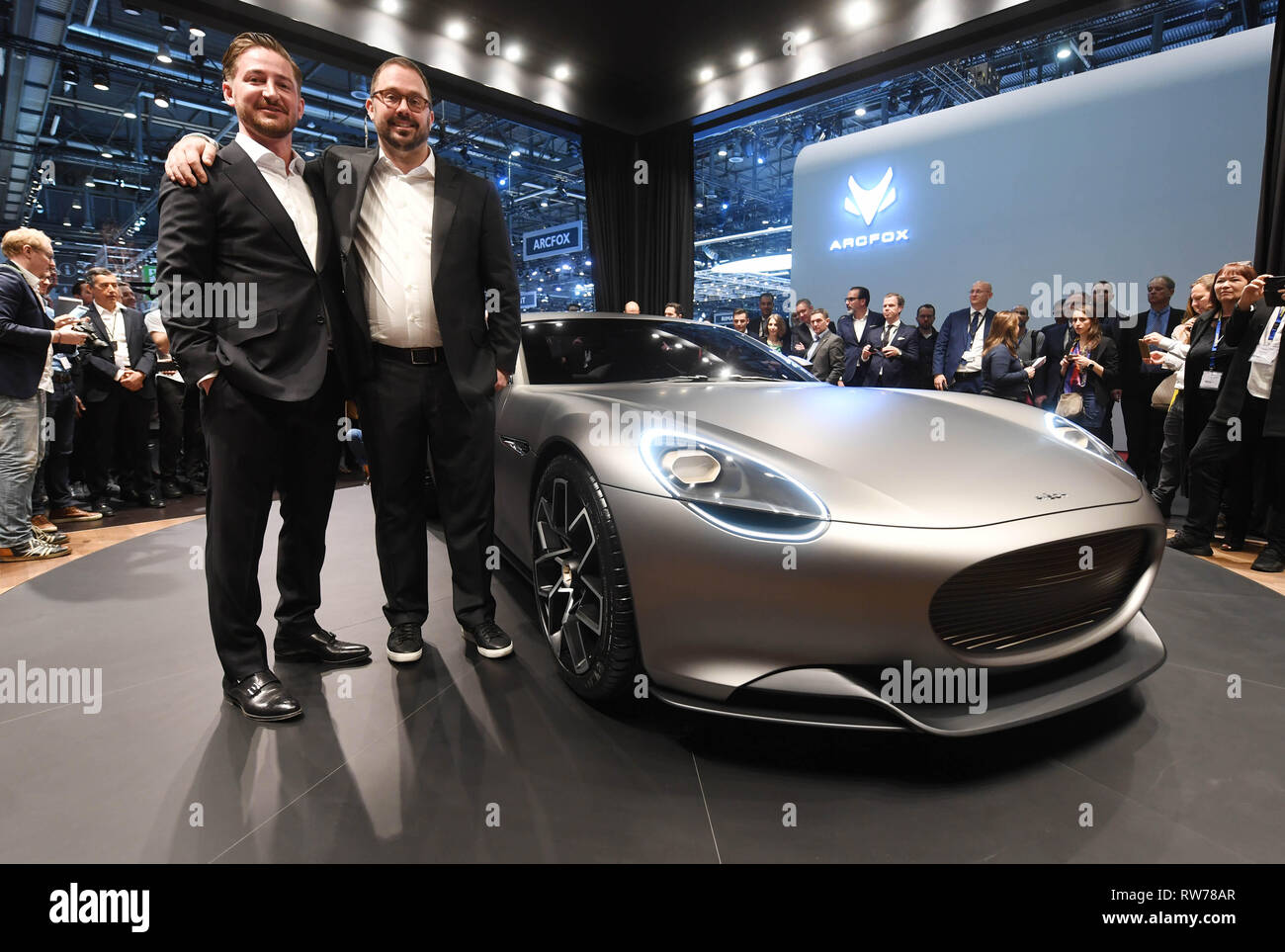 Genf, Switzerland. 05th Mar, 2019. Anton Piech (r), a son of former VW boss Ferdinand Piech, and Rea Stark Rajcic, both managing directors of Piech Automotive, present the electrically powered Piech Mark Zero sports car at the Geneva Motor Show on the first press day. The 89th Geneva Motor Show starts on 7 March and lasts until 17 March. Credit: Uli Deck/dpa/Alamy Live News Stock Photo