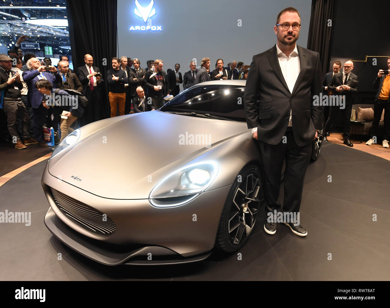 Genf, Switzerland. 05th Mar, 2019. Anton Piech, Managing Director of Piech Automotive and a son of former VW boss Ferdinand Piech, presents the electrically powered Piech Mark Zero sports car at the Geneva Motor Show on the first press day. The 89th Geneva Motor Show starts on 7 March and lasts until 17 March. Credit: Uli Deck/dpa/Alamy Live News Stock Photo