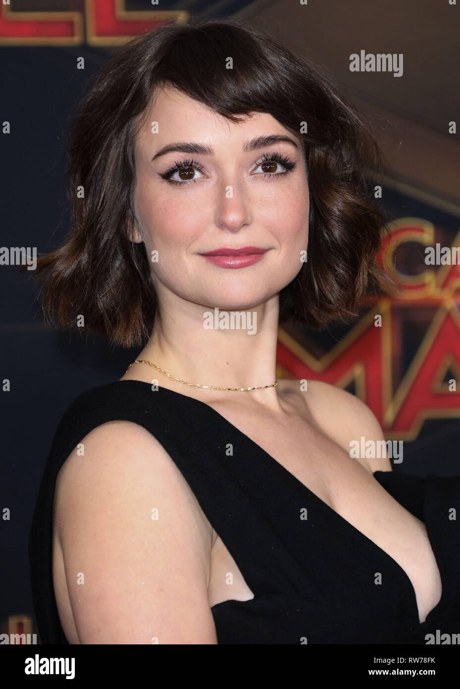 HOLLYWOOD, LOS ANGELES, CA, USA - MARCH 04: Actress Milana Vayntrub arrives at the Los Angeles Premiere Of Marvel Studios 'Captain Marvel' held at the El Capitan Theatre on March 4, 2019 in Hollywood, Los Angeles, California, United States. (Photo by David Acosta/Image Press Agency) Stock Photo